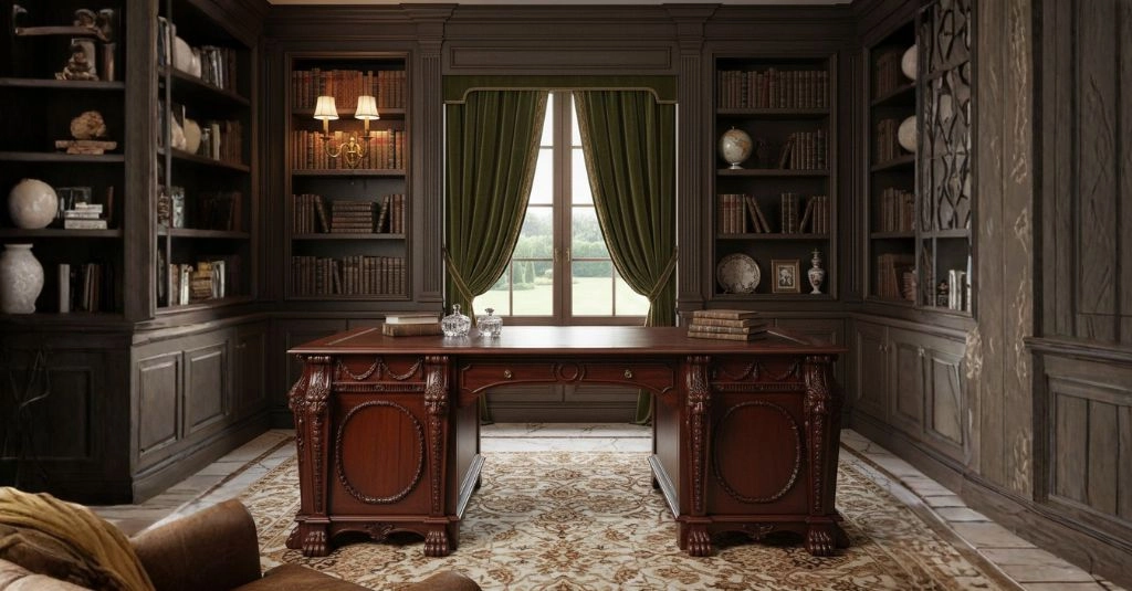 Grand executive Lion Desk featuring detailed hand-carved lion heads on the corners and lion claw feet, situated in a traditional home library with floor-to-ceiling dark wood bookshelves.