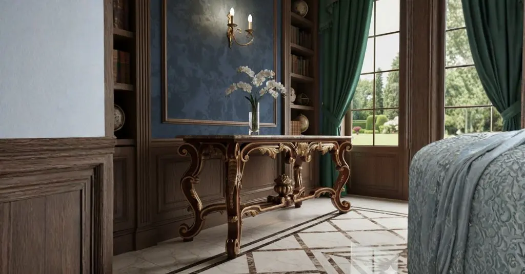 Elegant Rococo console table featuring curved cabriole legs with intricate gilded gold carvings, positioned on a patterned tile floor against a dark blue wall with wood paneling.