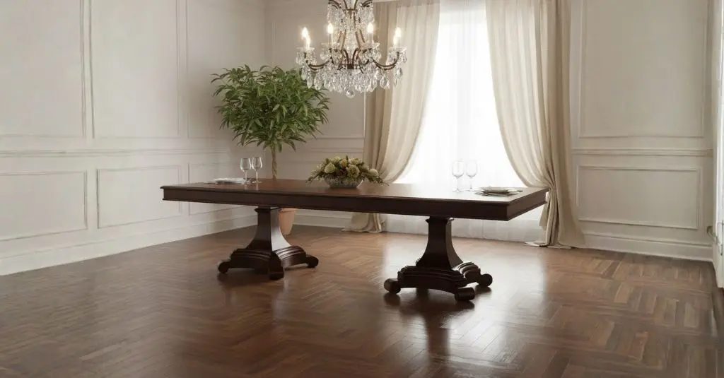 3.2M Kuwait Dining Table featuring a grand dark wood double pedestal base, set in a formal dining room with herringbone parquet flooring and a crystal chandelier.
