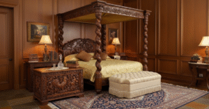 A close-up shot of a magnificent Parisian-style side chair, showcasing its intricate hand-carved details and partial gilding. The chair, set against a dark background, is a study in texture and craftsmanship, highlighting the ornate patterns and rich wood grain. Soft, warm lighting accentuates the gilded accents and the sculptural elegance of the carvings.