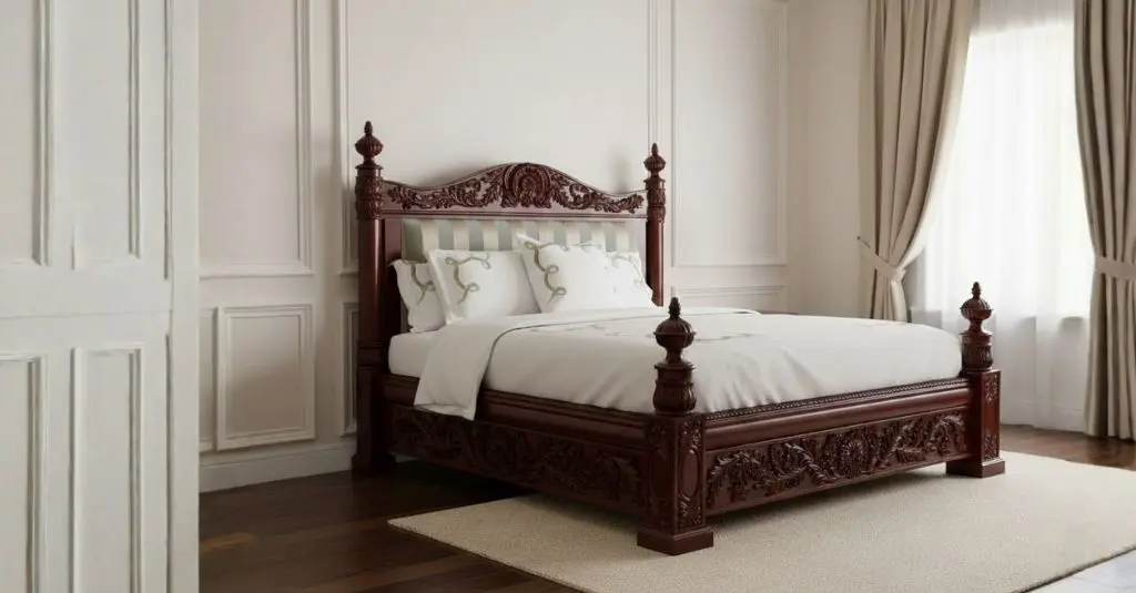 Dark wood Rococo bed frame featuring elaborate hand-carved floral details on the high headboard and footboard, accented with decorative finials and styled with white bedding.