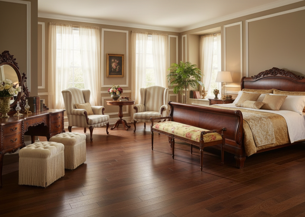 Collection of artisanal bedroom chair pieces displayed in a refined, Victorian-inspired bedroom with warm lighting and sophisticated décor.