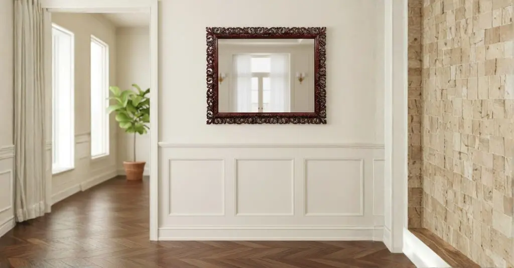 Ornate dark wood carved leaf mirror frame hanging above white wainscoting in a traditional hallway with dark wood chevron flooring.