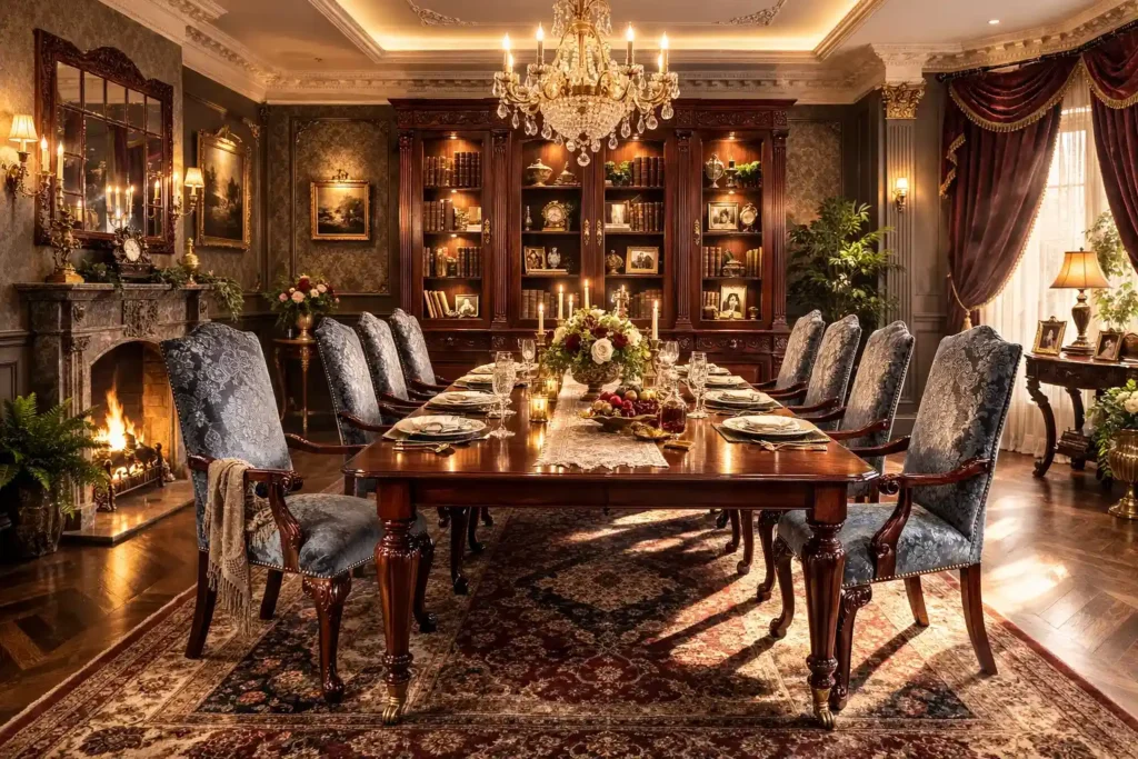 An opulent, traditional dining room featuring a long, polished dark wood dining table fully set for a meal, surrounded by elegant chairs with blue damask upholstery. The warm, inviting space is illuminated by a grand crystal chandelier, a roaring fireplace, and candles, with a large, detailed wooden display bookcase in the background.