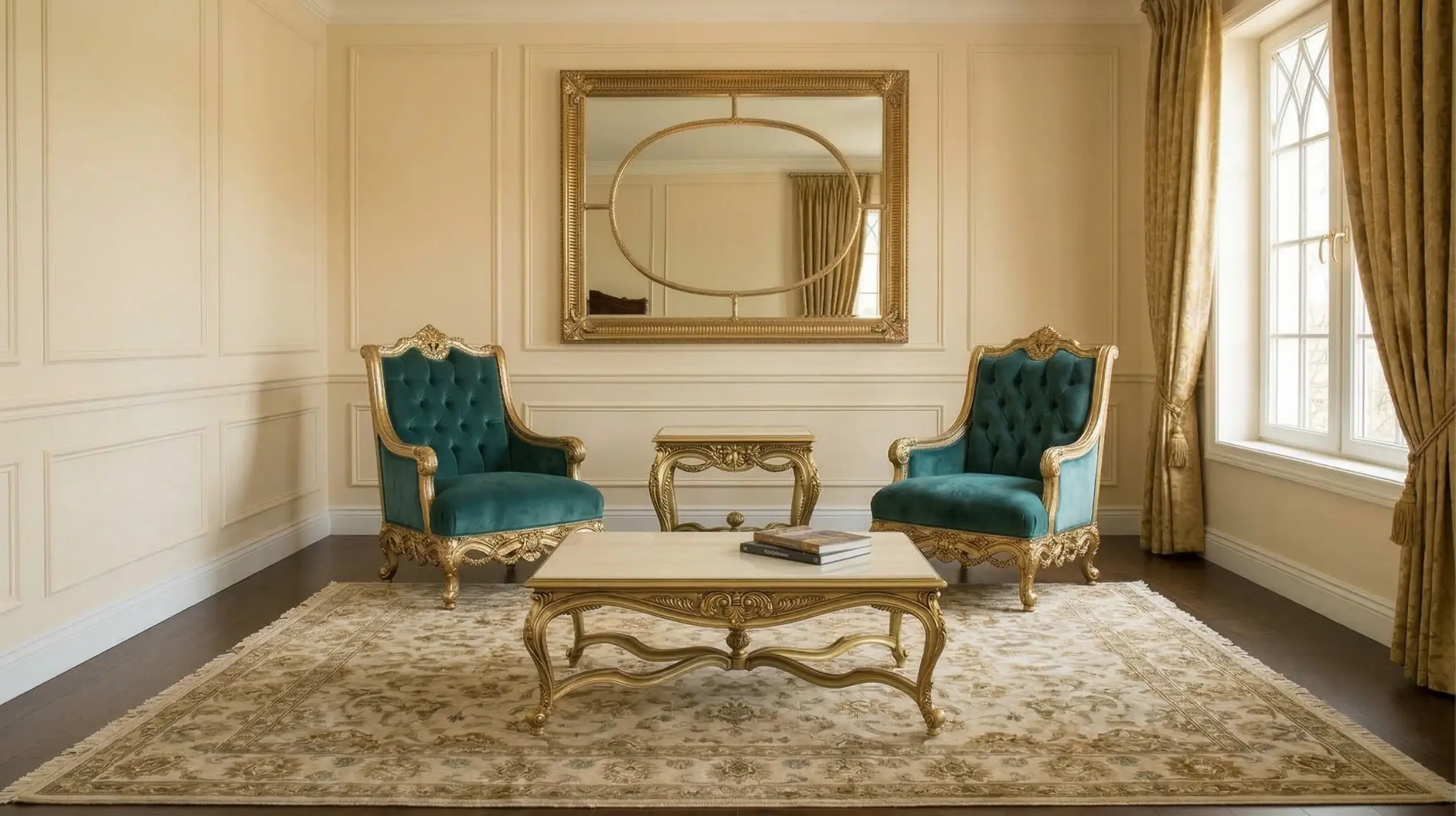 An ornate, antique-style armchair featuring an intricately carved silver-gilded wooden frame with cabriole legs and a decorative crest. The chair is upholstered in rich teal velvet with a high, deep button-tufted backrest, padded armrests, and a plush seat cushion