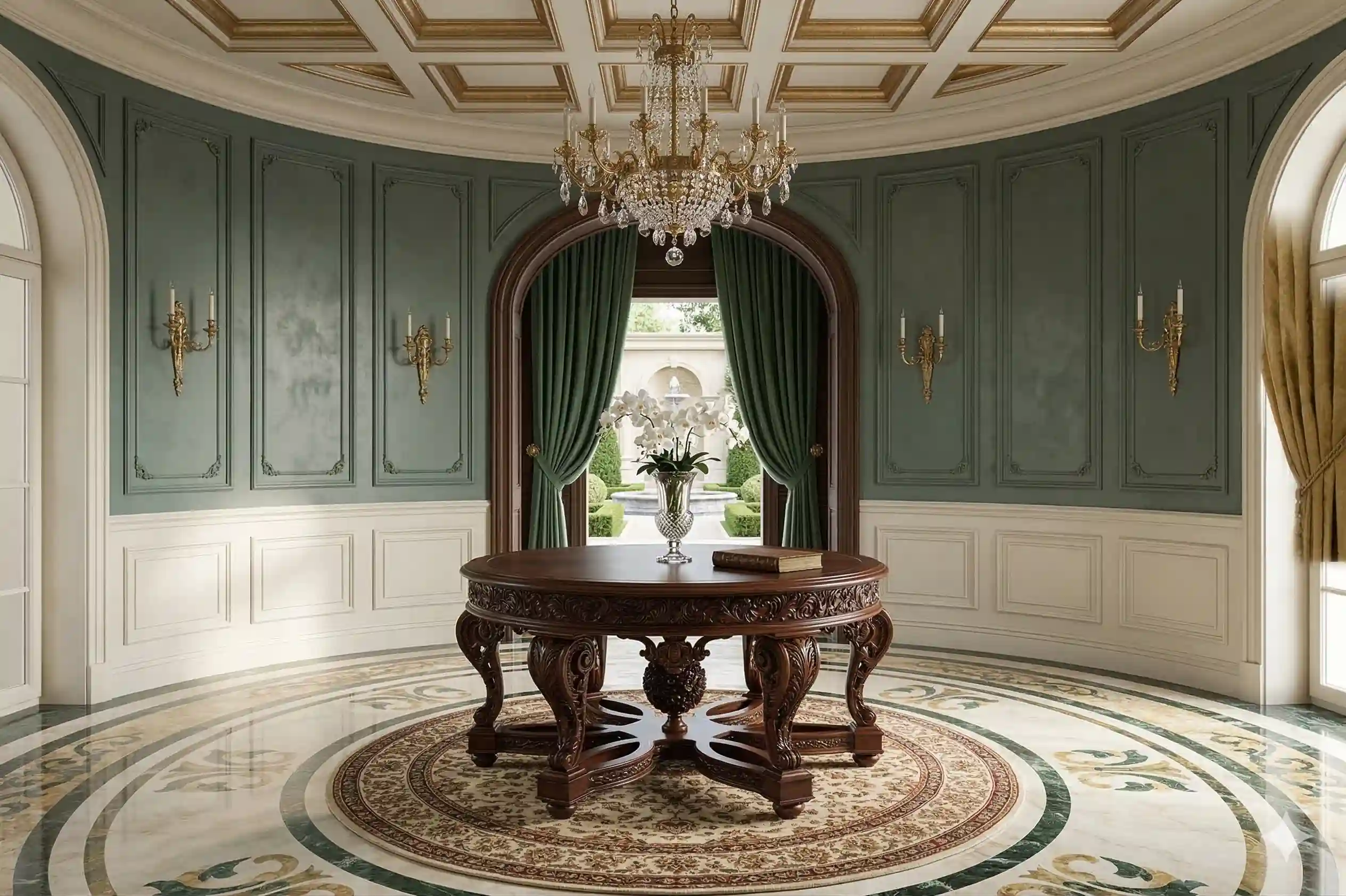 A detailed photograph of a magnificent classical circular entrance hall foyer. A large, intricately carved dark wood round table with complex pedestal legs is centrally placed on a polished marble floor with green and gold inlay patterns and a central patterned rug.